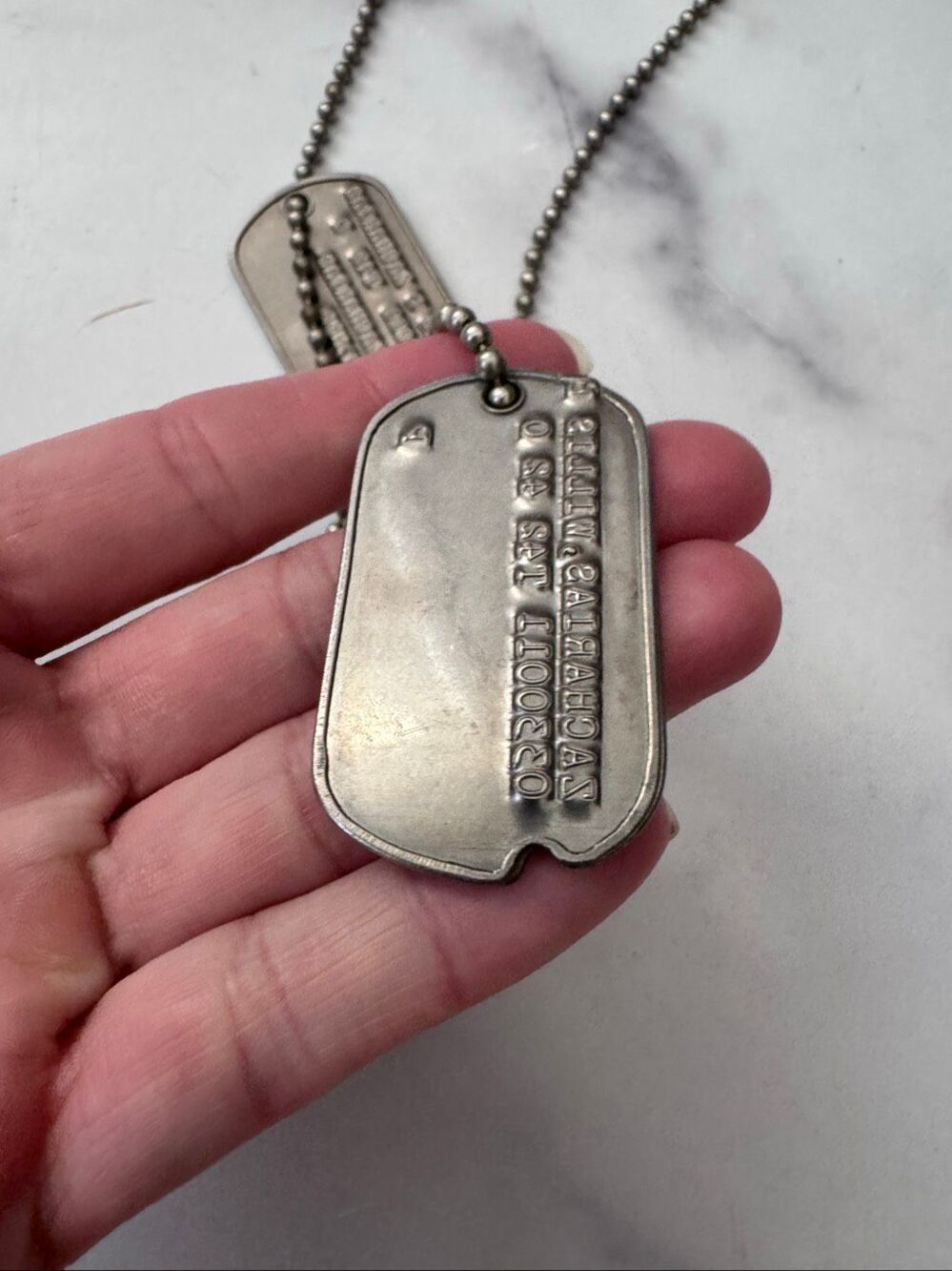 World War II silver metal tin dog tags soldier necklace OD identifier WW2 Zachar